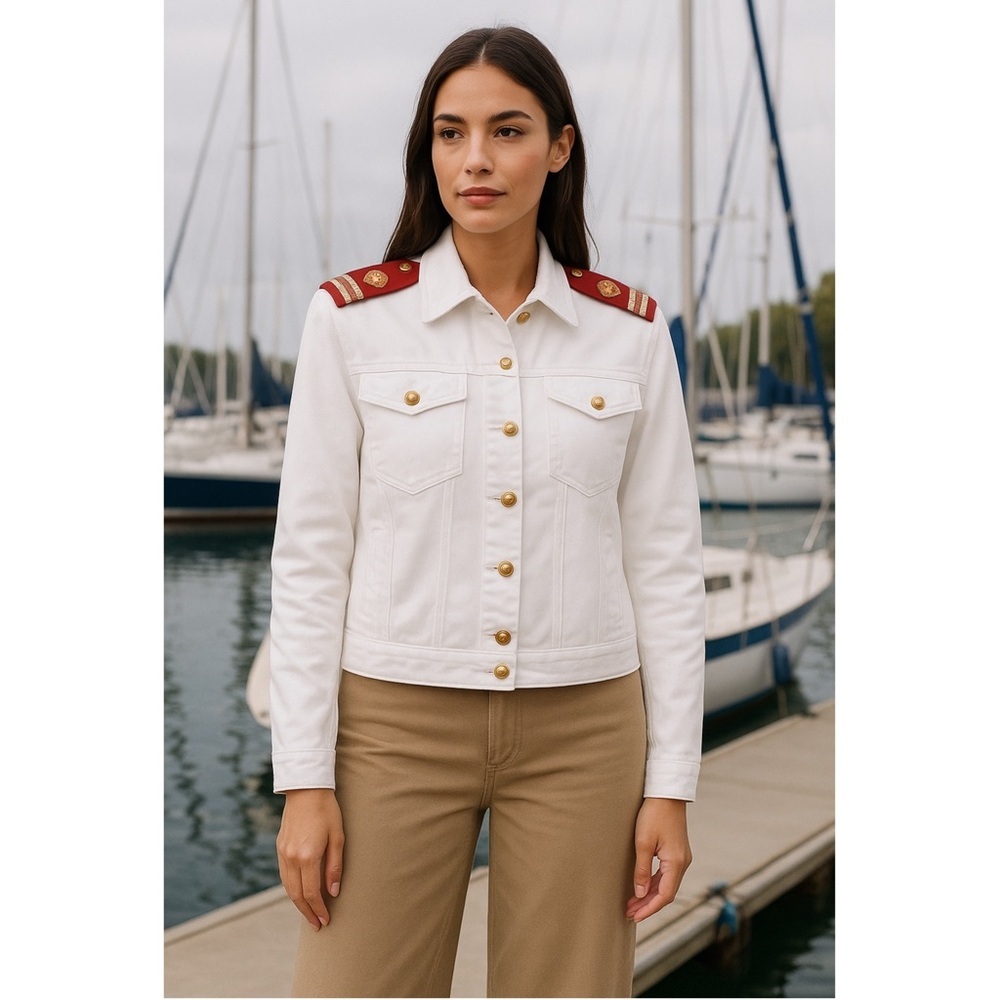 NWT L’AGENCE Nautical Velvet Epaulet White Denim‎ Celine Jean Trucker Jacket S